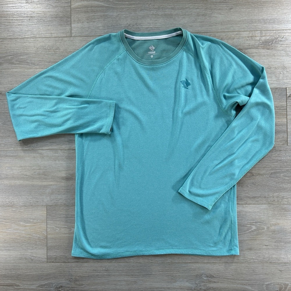 Rabbit Running Men's Large Teal Blue EZ Tee Long Sleeve Logo